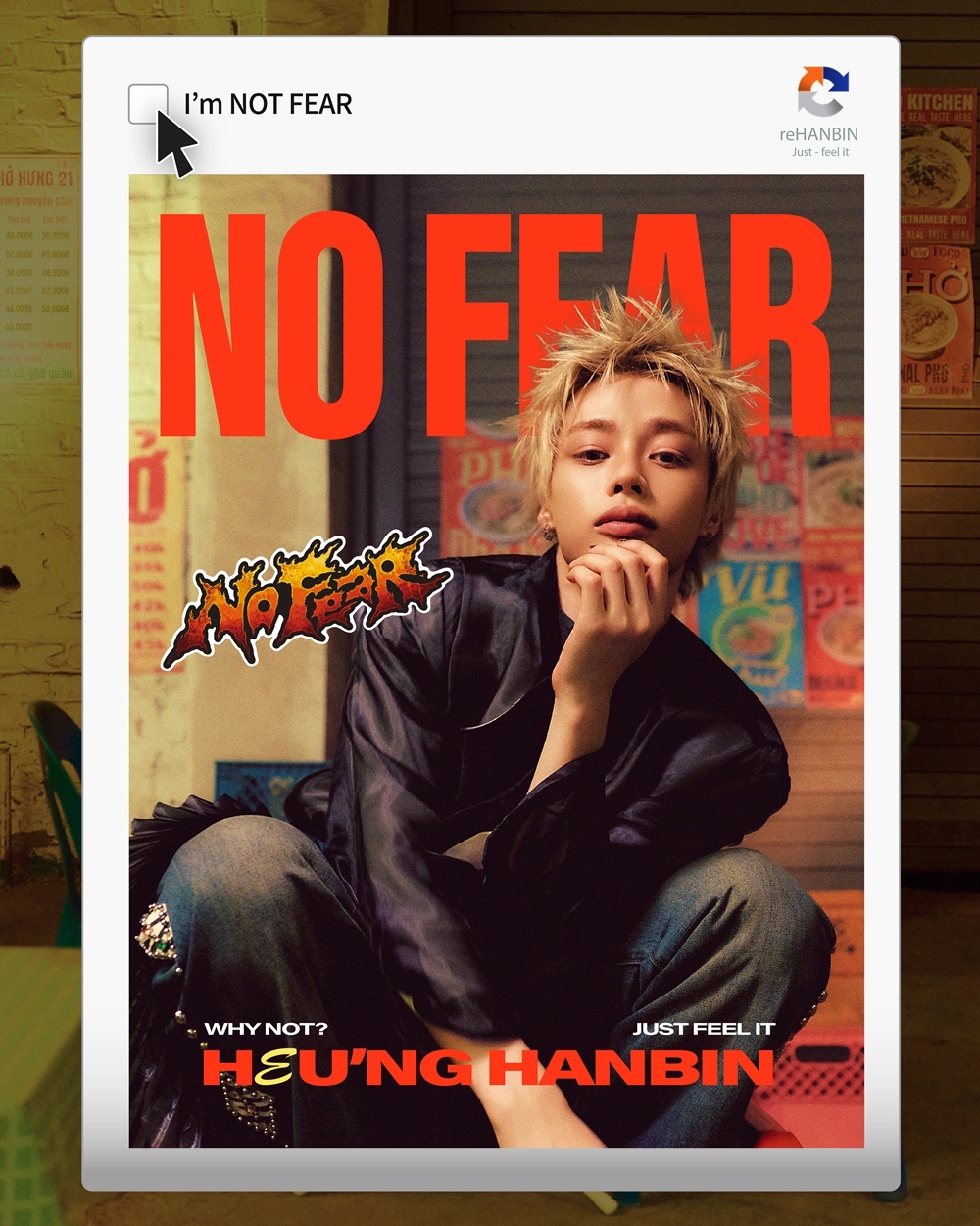 TEMPEST’s Hanbin in a modern black áo dài for the No Fear concept, blonde hair, chin on hand, HEU’NG HANBIN and NO FEAR graphics on a Vietnamese stall set.