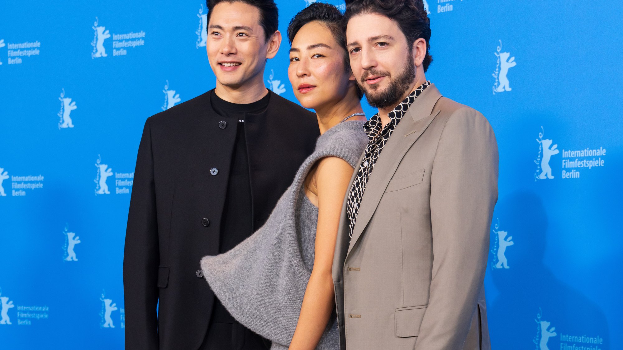 Teo Yoo, Greta Lee, and John Magaro present Past Lives at the Berlinale in February 2023.